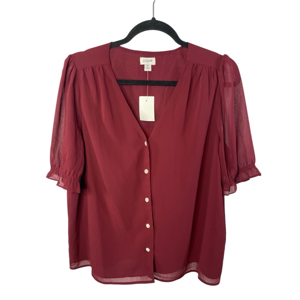 J. Crew Factory | Puff Sleeve Button Down V-Neck Blouse Burgundy Medium NWT